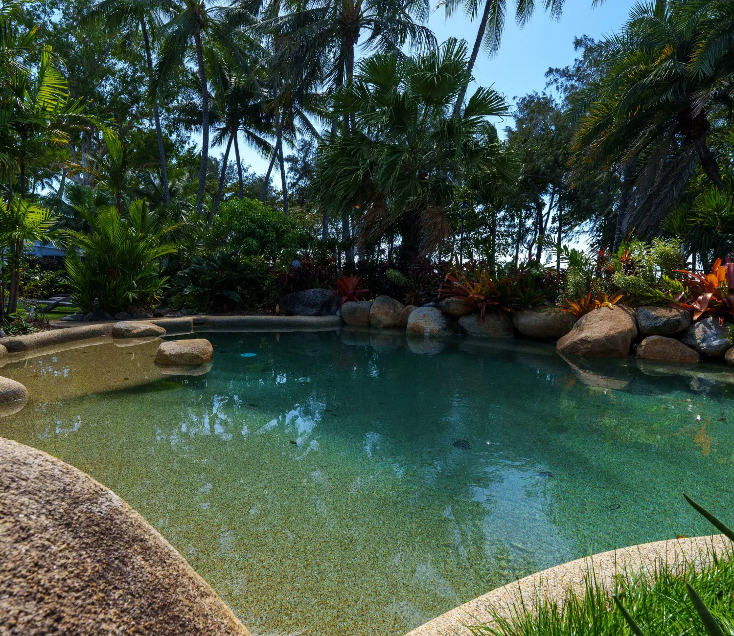 Melaleuca Resort pool with garden and rocks